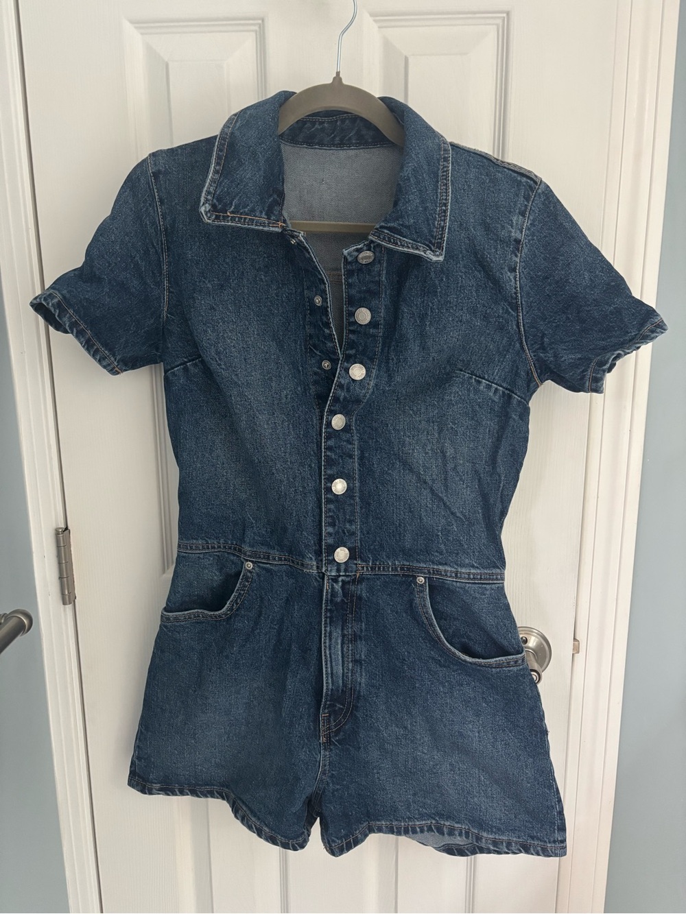 Zara Dark Blue Denim Short-Sleeve Romper